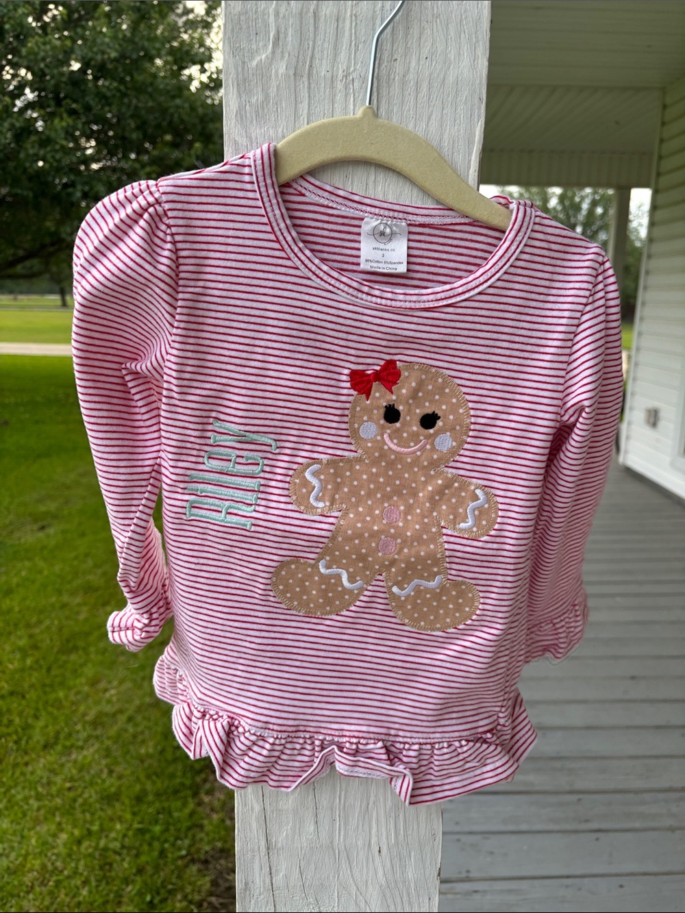 Girls' Pink Striped Long Sleeve Top with Gingerbread Applique